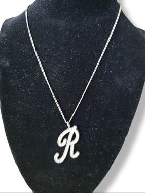 Silver Initial 'R' Rhinestone Pendant Necklace